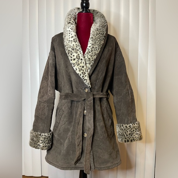 Wilsons Suede Leather Animal Print Faux Fur Lined Belted Jacket. GUC - Picture 2 of 10